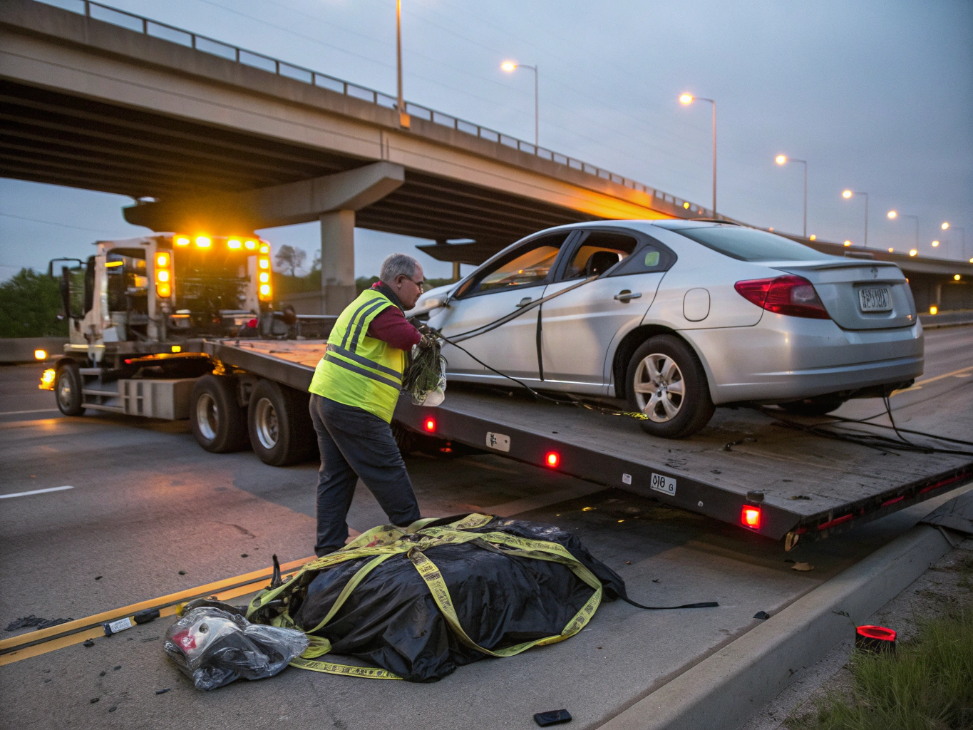 Accident recovery crew securing damaged car off roadside