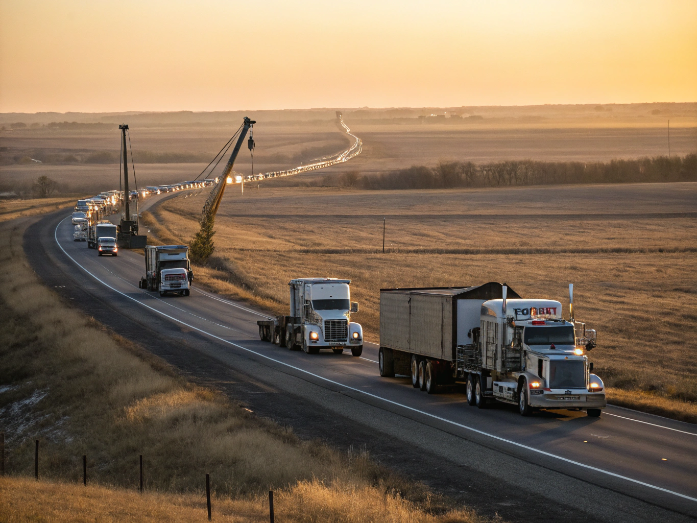 Flatbed towing unit transporting construction equipment