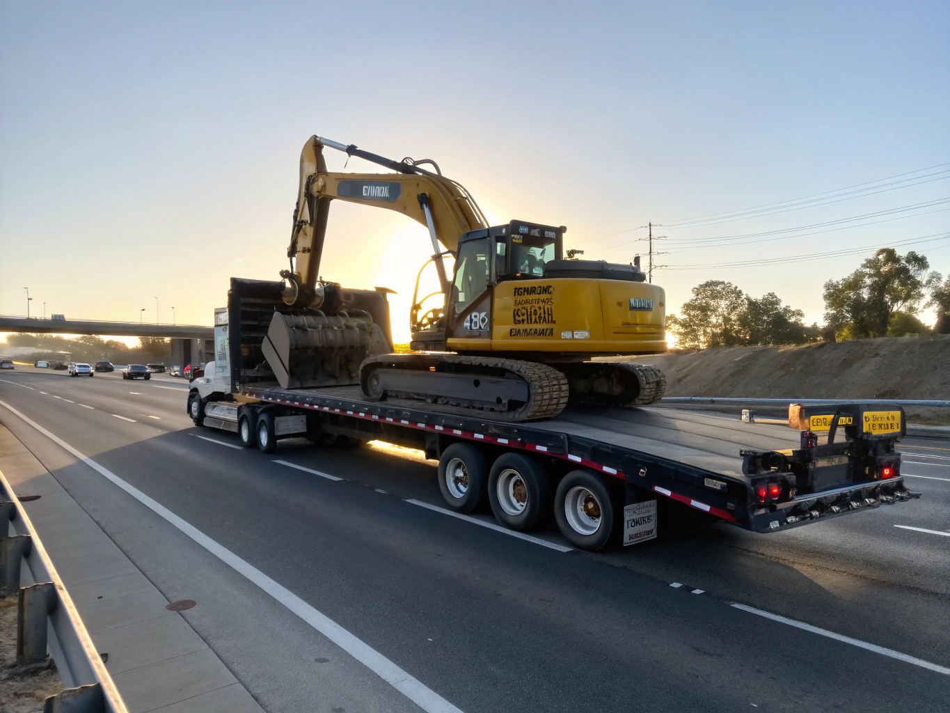 Specialized flatbed transport hauler carrying industrial equipment