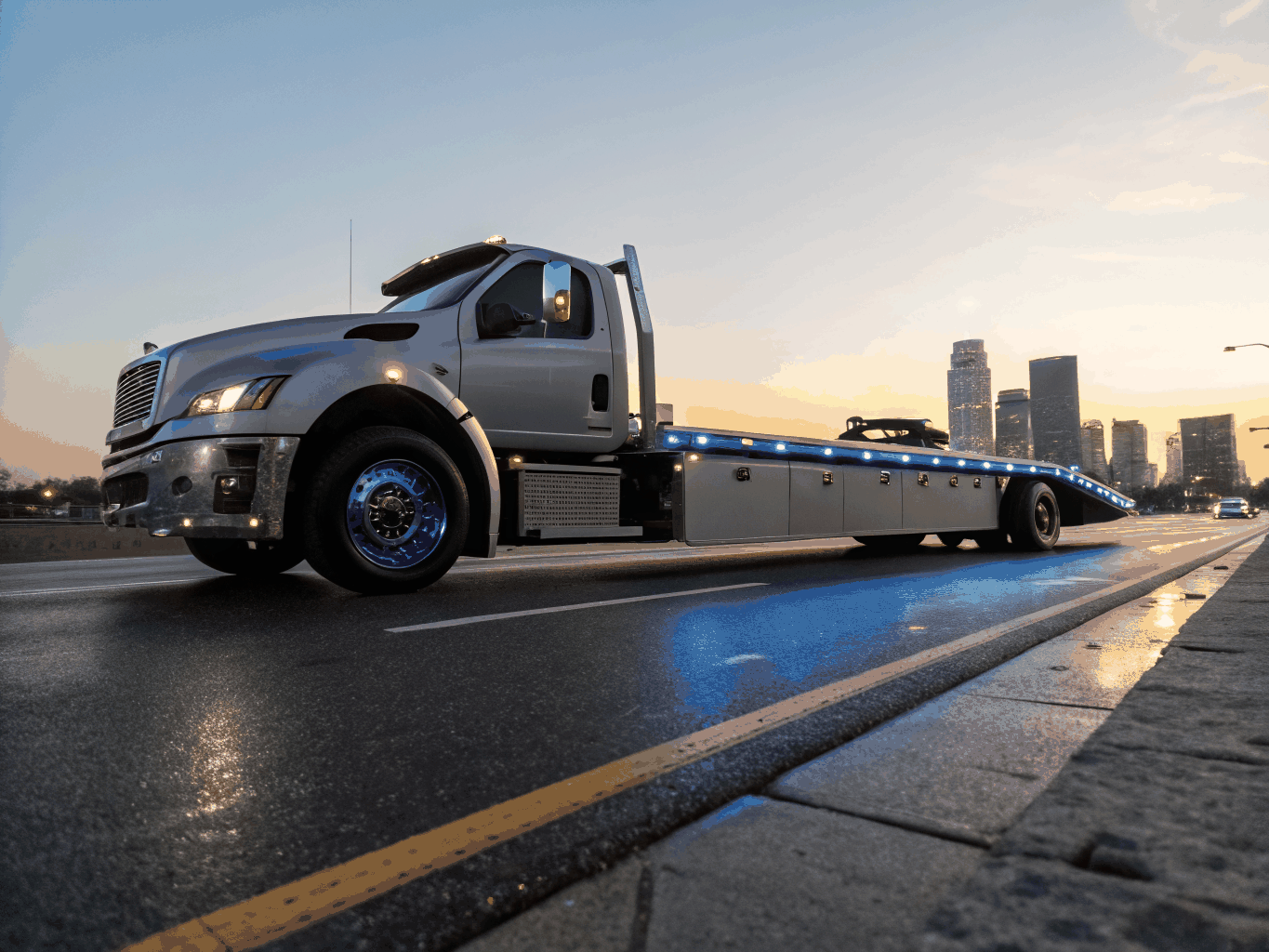 Hydraulic flatbed vehicle carrier in action