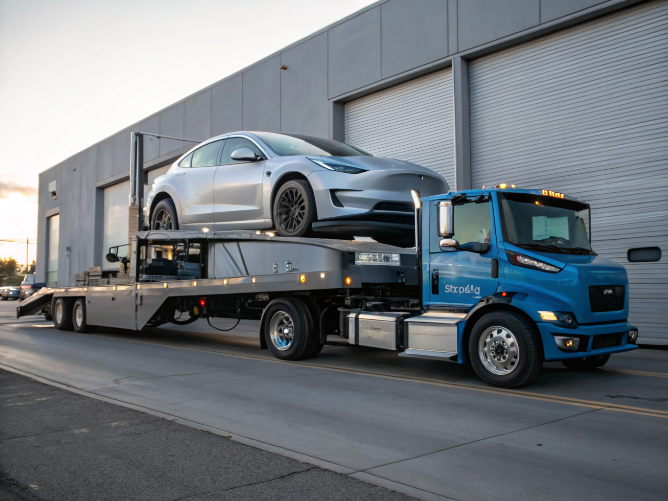 Hydraulic flatbed tow truck transporting an EV car safely