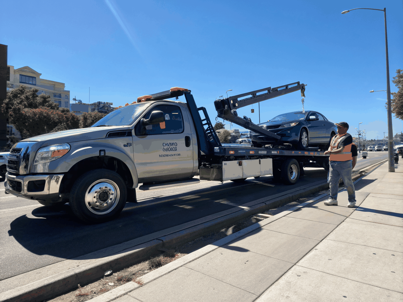 Flatbed tow truck hauling passenger vehicle safely