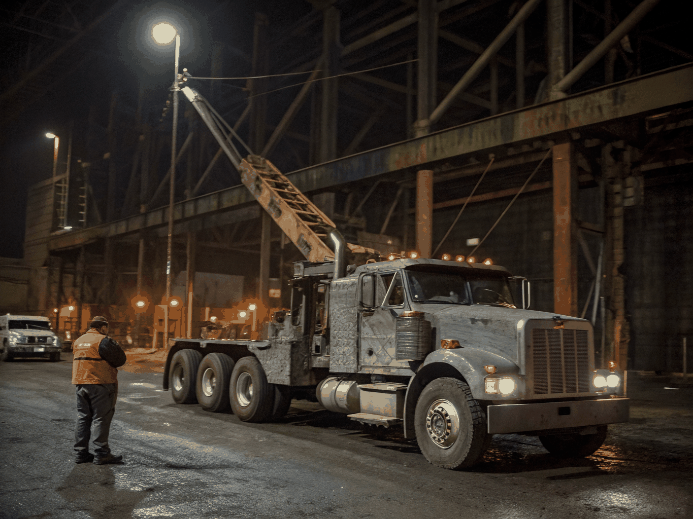 Heavy duty wrecker assisting commercial truck on I-64