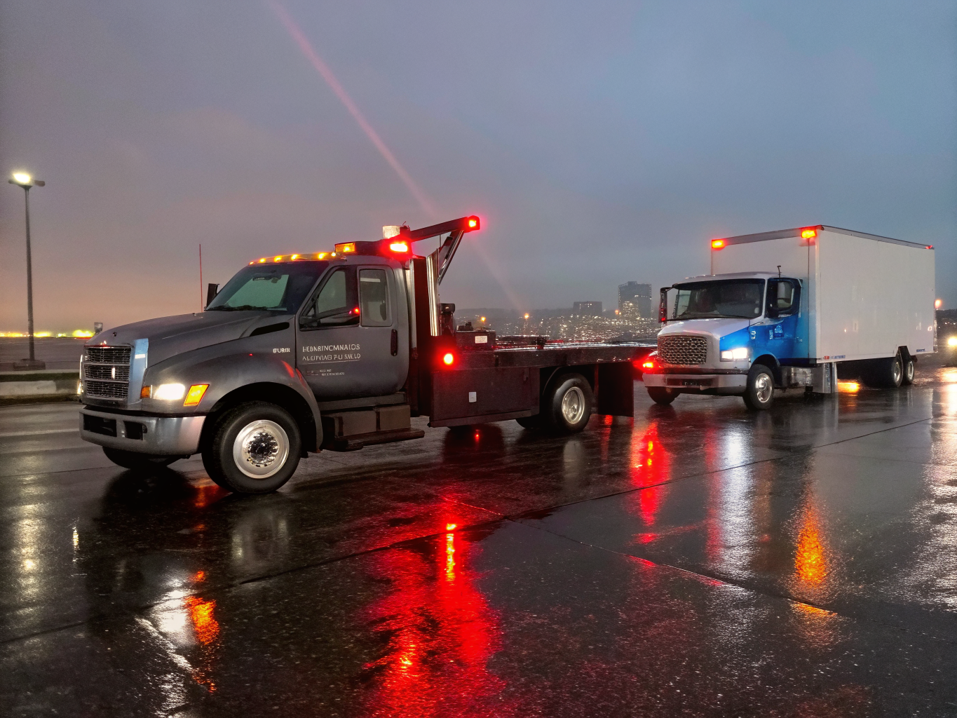 Medium-duty tow truck securing a delivery van