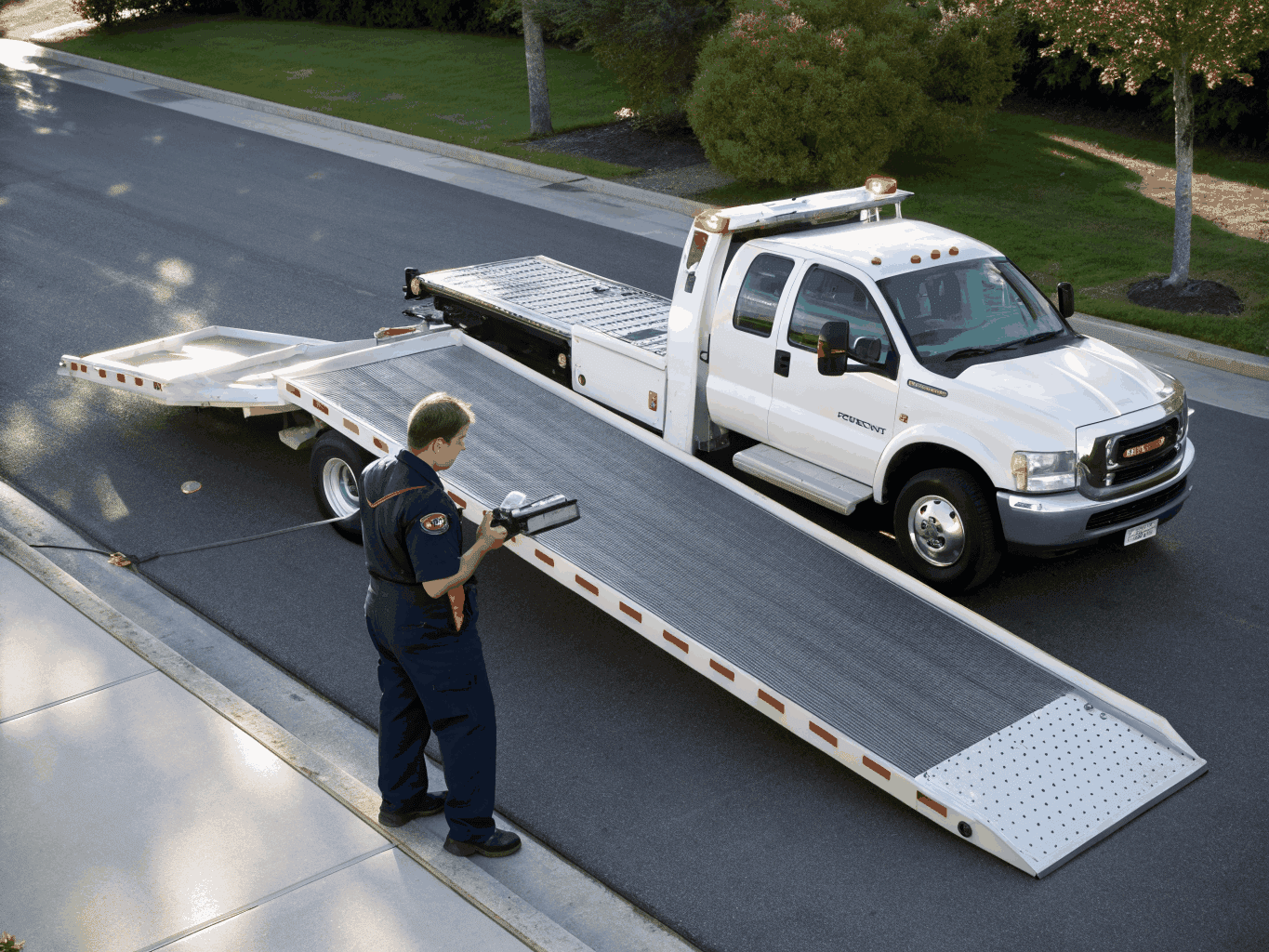 Modern flatbed tow truck transporting an all-wheel drive luxury vehicle in Norfolk VA