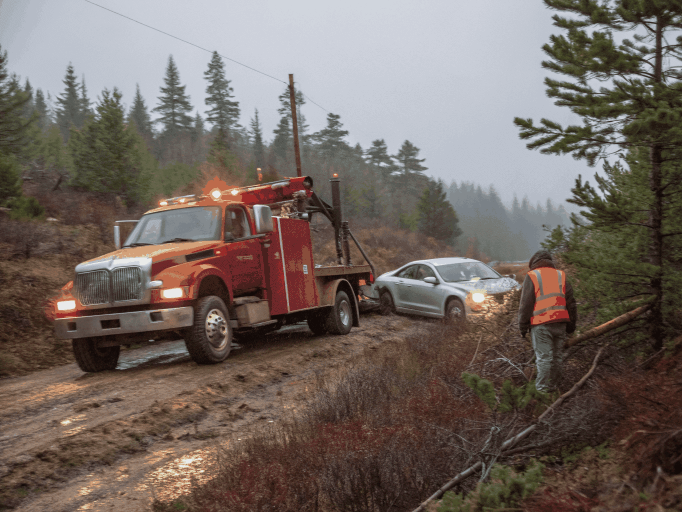 Emergency roadside assistance service vehicle on highway shoulder