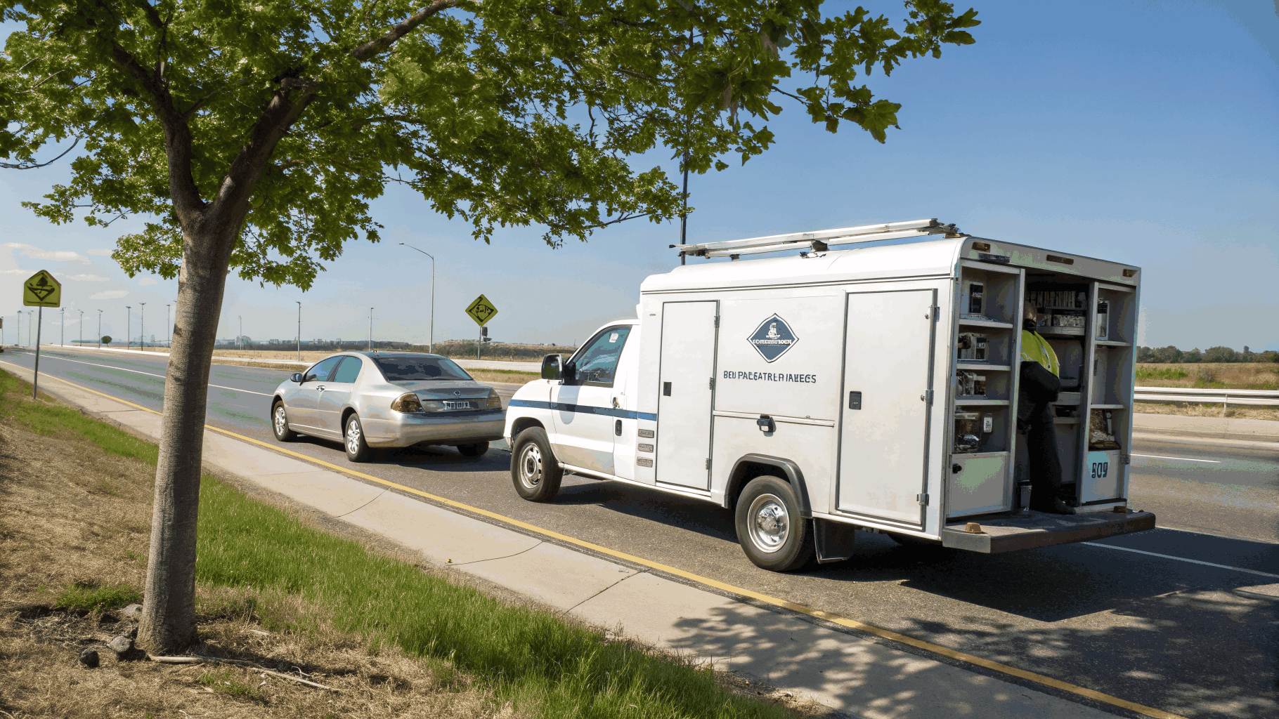 Equipped mobile roadside assistance service vehicle ready for emergency battery jumps and tire repairs